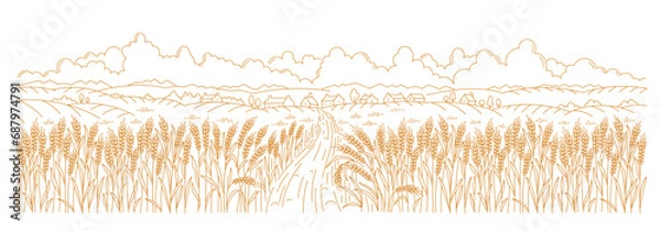 Fototapeta Rural landscape field with a village countryside road. Wheat spikelet in the foreground. Vector line. Editable outline stroke.