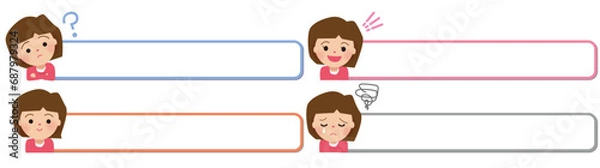 Obraz 笑顔、泣き顔、疑問、顔、気づく、女の子、女性、喜怒哀楽、YouTube、コメント欄、あしらい、色変更可能、レイヤー別、大きさ変更可能、欄、ピンク、水色、ボブ、アイコン、人、子ども