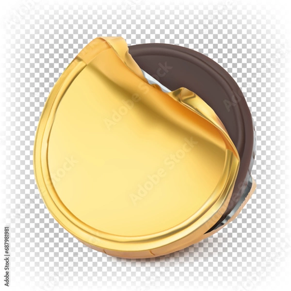 Obraz Vector 3D realistic chocolate coin unwrapped in gold foil. Illustration isolated on white background.
