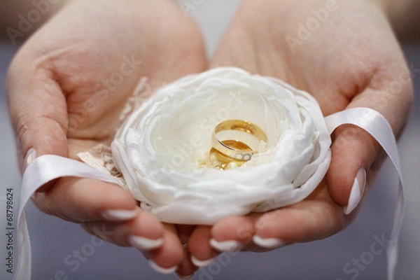 Fototapeta Wedding rings in the palms of the bride