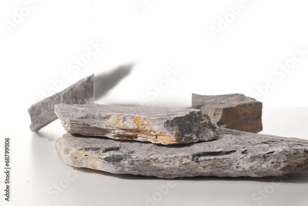 Fototapeta Flat stone pedestal on white background, textured template for mock-up, banner. Minimalism concept, empty podium display product, presentation scene
