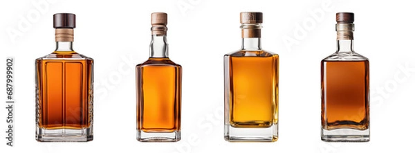 Fototapeta Four different whiskey bottles in a row without label on a cutout PNG transparent background