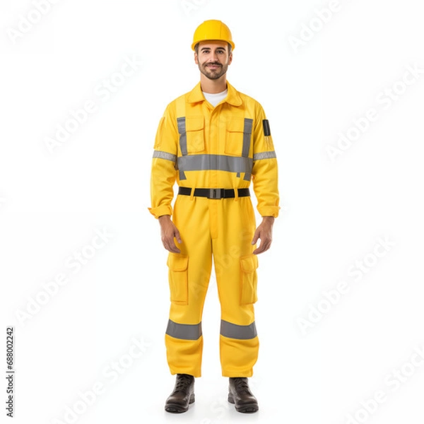 Fototapeta Full length portrait of a construction worker with helmet, wearing a uniform isolated on white background