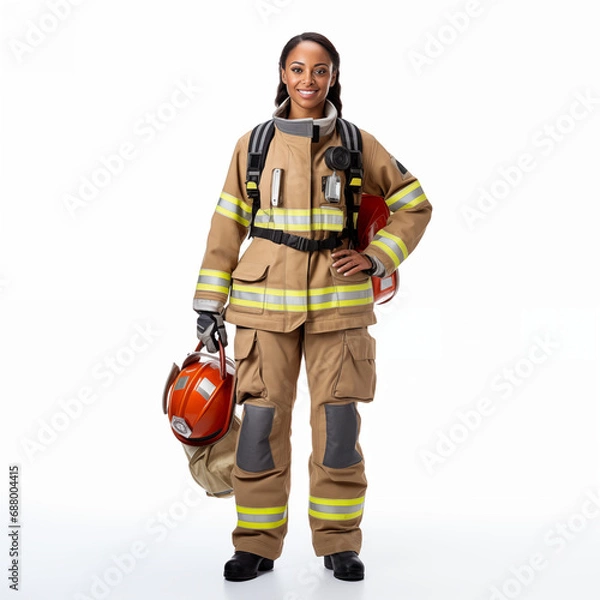 Fototapeta Firefighter isolated on white background. The full body of a smiling African American woman in a fireproof uniform.