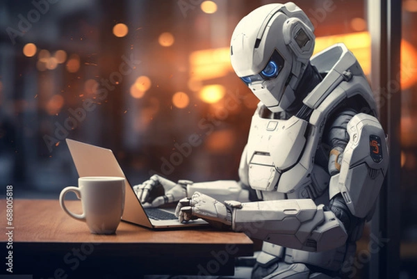 Fototapeta Futuristic robot seamlessly works remotely from a coffee shop, showcasing the harmony of tech and lifestyle. Ai generated