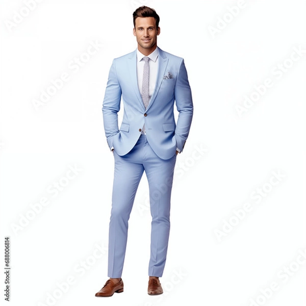 Fototapeta Young Businessman in business casual. Man, happy smiling. Full length portrait isolated on white.