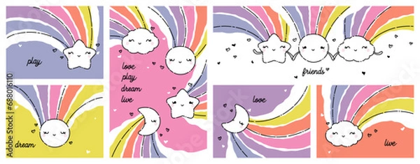 Fototapeta Rainbow with smiling star sun moon and cloud. Kids designs set of cute characters. Creative vector illustration for funny childrens greeting card or poster
