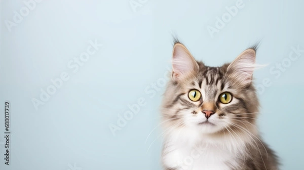 Fototapeta fluffy cat to the side of blue background
