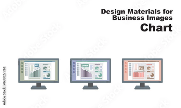 Obraz パソコンのモニターに表示されたシンプルな棒グラフ、円グラフ、分析、グラフィック素材、ベクター