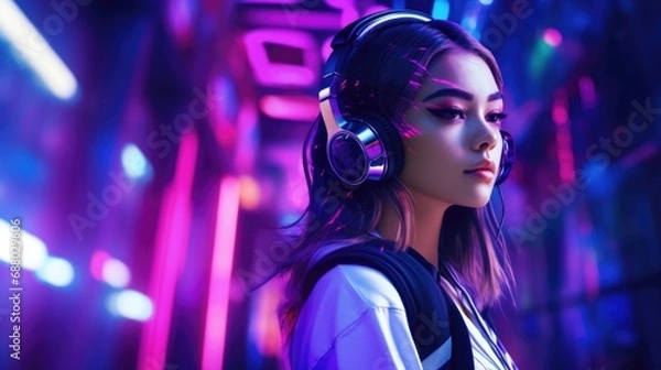 Obraz Attractive girl wearing headphones with futuristic neon light background, summer tropical party nightclub vibes