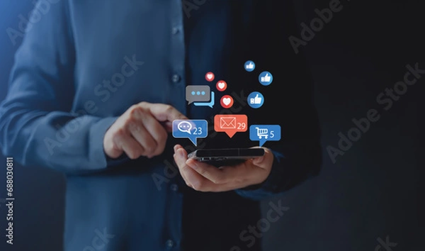 Fototapeta Social media and digital online concept, woman using smart phone. The concept of living on vacation and playing social media. Social Distancing ,Working From Home concept.