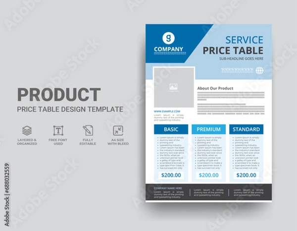 Obraz Technical Data Sheet Template Price Table Flyer Design