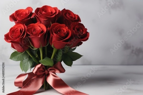 Obraz A bouquet of red roses with a satin ribbon bow on a light background. Holiday banner, card