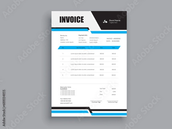 Fototapeta Invoice Design. Business invoice form template. Invoicing quotes, money bills or pricelist and payment agreement design templates. Tax form, 
bill graphic or payment receipt.