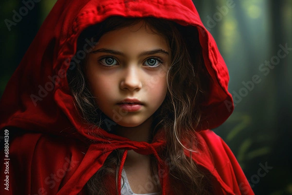 Fototapeta Generative ai portrait of cute adorable girl dressed in red coat walking alone in forest