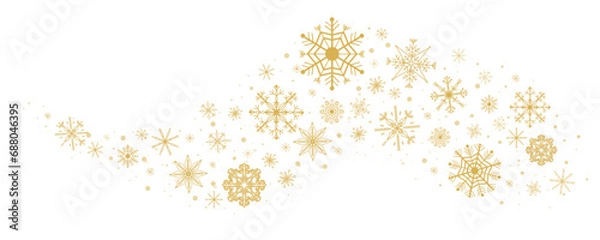 Fototapeta Wave golden snowflake swirl winter snow border ice decoration isolated on white background. Holiday crystal curve shape design, magic ornament