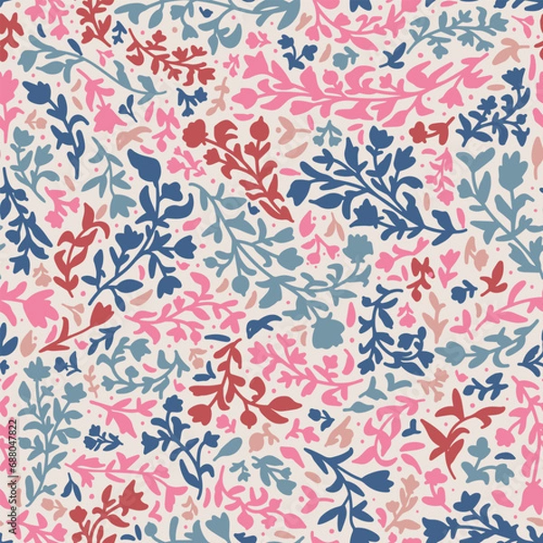 Obraz Random placed, different botanical elements seamless repeat pattern on beige background. Multicolored, vector flowers, leaves, herbs, branches and more all over surface print.