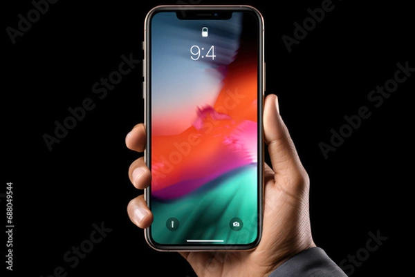 Fototapeta Smartphone in hand mockup on simple background, generative ai