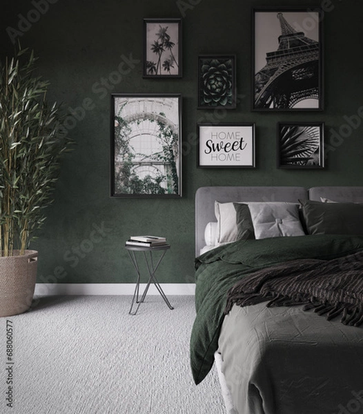 Fototapeta Room with a green wall covered with paintings, a bed with sheets, a duvet and green pillows, a bedside table with books, a bamboo in a decorative pot