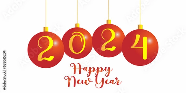 Obraz Happy New Year 2024. Red Christmas balls on white background