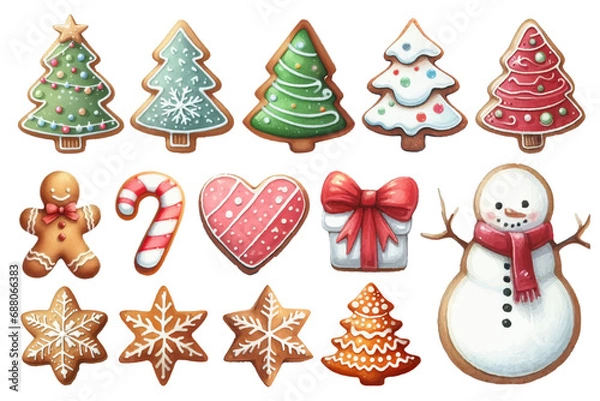 Obraz クリスマスクッキーの水彩イラストの素材セット