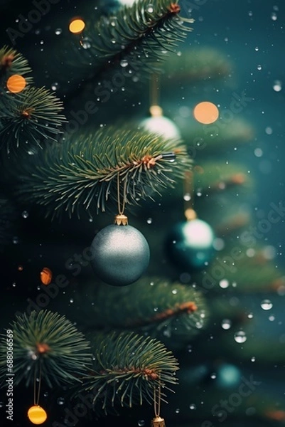 Fototapeta Closeup of a Christmas pine tree with sparkly green Christmas baubles, Christmas lights. New Year's holiday concept.