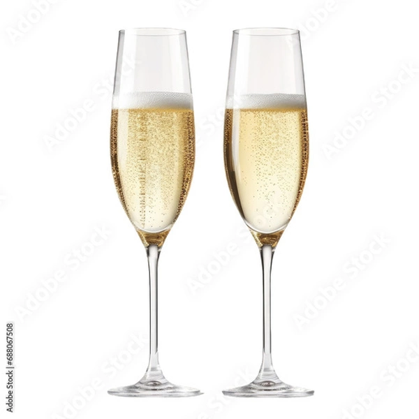 Obraz Two glasses of champagne with bubbles isolated on a cutout PNG transparent background