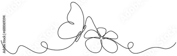 Fototapeta Flower with flying butterfly continuous line art drawing. Plumeria one line symbol. Vector hand drawn illustration isolated on white.