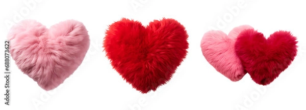 Fototapeta Set of plush hearts in pink and red, with a fluffy soft pillow in heart shape, Isolated on Transparent Background, PNG