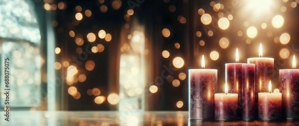 Fototapeta Illuminated Purple Candles with Warm Bokeh Lights Background


