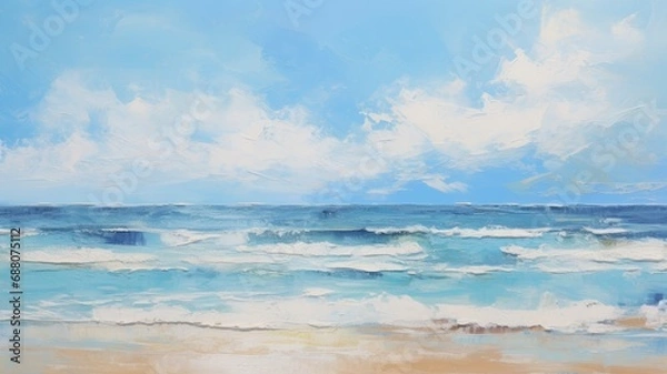 Obraz 粗いタッチの夏のビーチの油絵_2