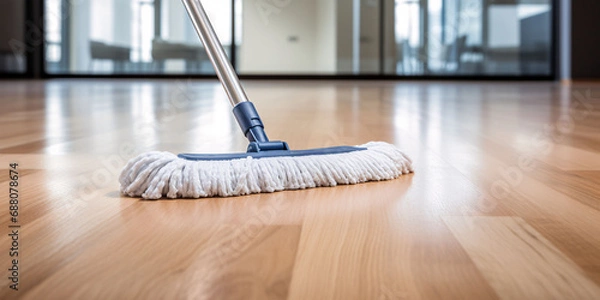 Fototapeta Wet mopping floors in the home. Professional cleaning service concept.