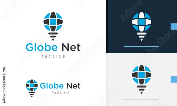 Fototapeta Logo design icon of geometric globe with line below it showing wireless signal or light bulb lamp