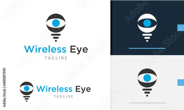 Fototapeta Logo design icon of geometric eye ball with line below it showing wireless signal or light bulb lamp