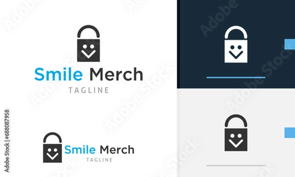 Fototapeta Logo design icon of geometric bag with happy smile face design on it for fashion or clothing