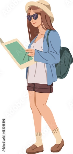 Obraz Tourist woman wearing sunglasses reading city map with backpack illustration