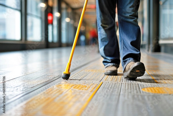 Fototapeta Close-up of a blind man walking along a tactile tile with a cane. Inclusive, accessibility and friendly environment in the self-orientation while moving through the streets of the city