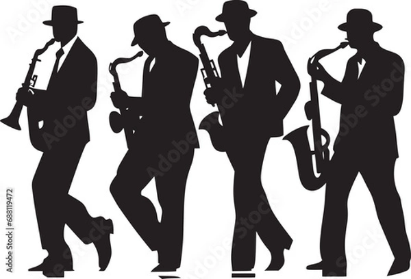 Fototapeta Groove Ensemble Stick Figure Jazz Musicians Emblem Melodic Unity Jazz Musicians Symbolic Silhouettes