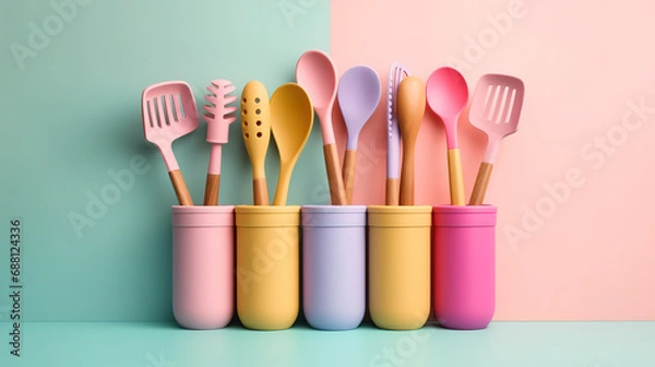 Fototapeta Vertical view of wooden kitchen spoons in a plastic coffee pot on dark wall