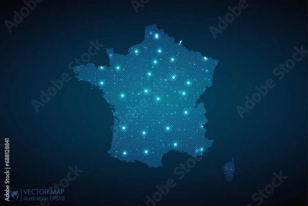 Fototapeta France map radial dotted pattern in futuristic style, design blue circle glowing outline made of stars. concept of communication on dark blue background. Vector illustration EPS10