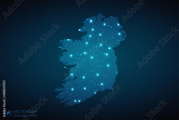 Fototapeta Ireland map radial dotted pattern in futuristic style, design blue circle glowing outline made of stars. concept of communication on dark blue background. Vector illustration EPS10