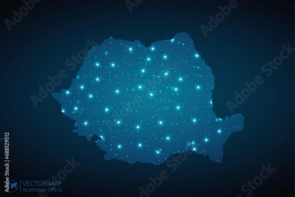 Fototapeta Romania map radial dotted pattern in futuristic style, design blue circle glowing outline made of stars. concept of communication on dark blue background. Vector illustration EPS10