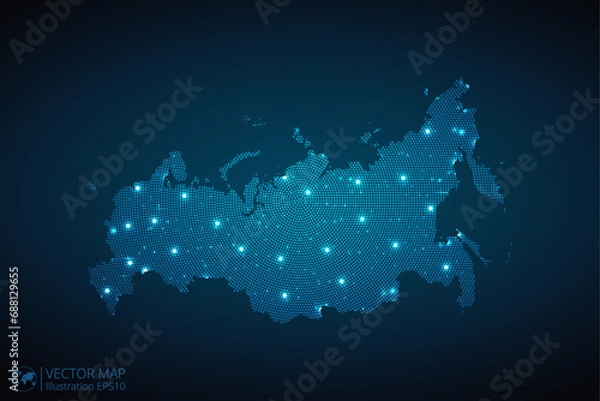 Fototapeta Russia map radial dotted pattern in futuristic style, design blue circle glowing outline made of stars. concept of communication on dark blue background. Vector illustration EPS10