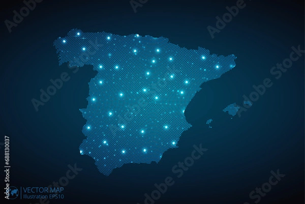 Fototapeta Spain map radial dotted pattern in futuristic style, design blue circle glowing outline made of stars. concept of communication on dark blue background. Vector illustration EPS10