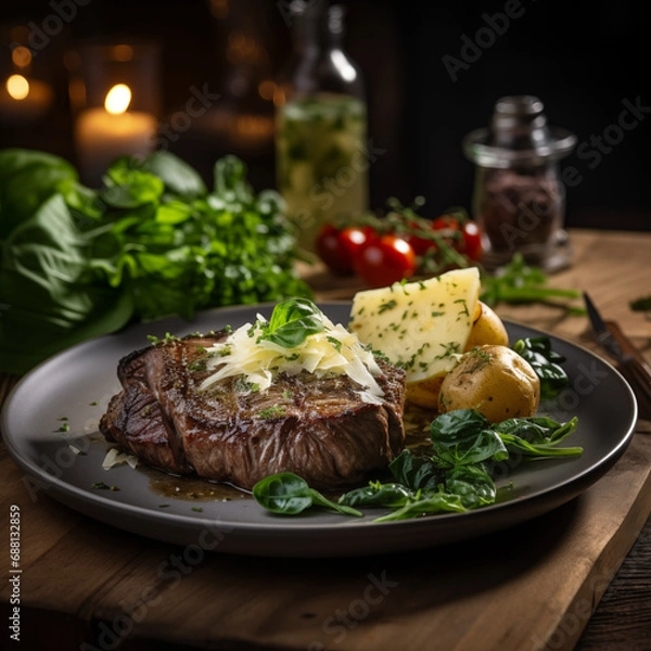 Fototapeta  Beautifully prepared Steak Dinner with Salad, Close up potato, steak and salad on a wooden table with melted cheese and fresh basil leaves Styled like a high-end food magazine advertisement photo