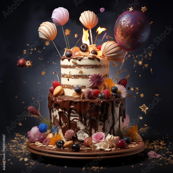 Fototapeta Delicious cake, floating in the air with balloons Food Professional Photography advertising photography Generative AI