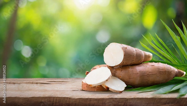 Fototapeta cassava on wood with a blurred green background