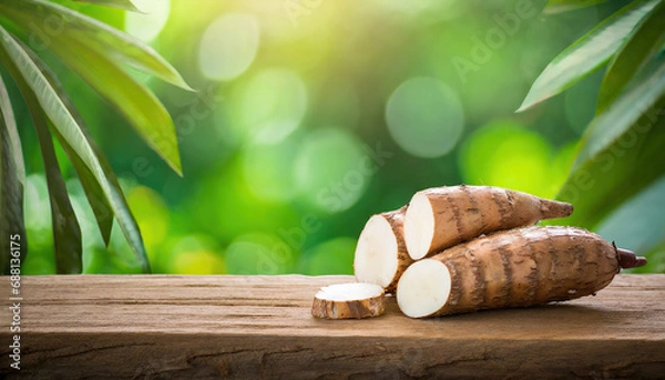 Fototapeta cassava on wood with a blurred green background