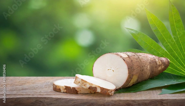 Fototapeta cassava on wood with a blurred green background