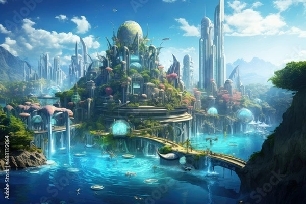 Fototapeta Fantasy alien planet, Mountain and sea, 3D illustration, Extraterrestrial pc game backdrop, Fantasy illustration of a fantasy world, Fairy Tale Story Background, fantasy world
